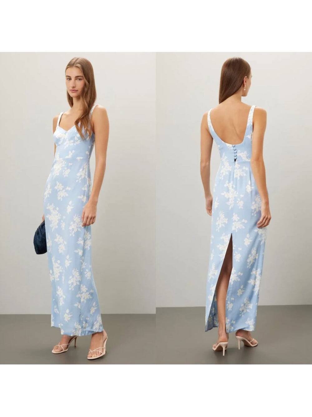 Reformation Reverie Dress Floral Sleeveless Sweetheart Neck Blue 10 FLAWED